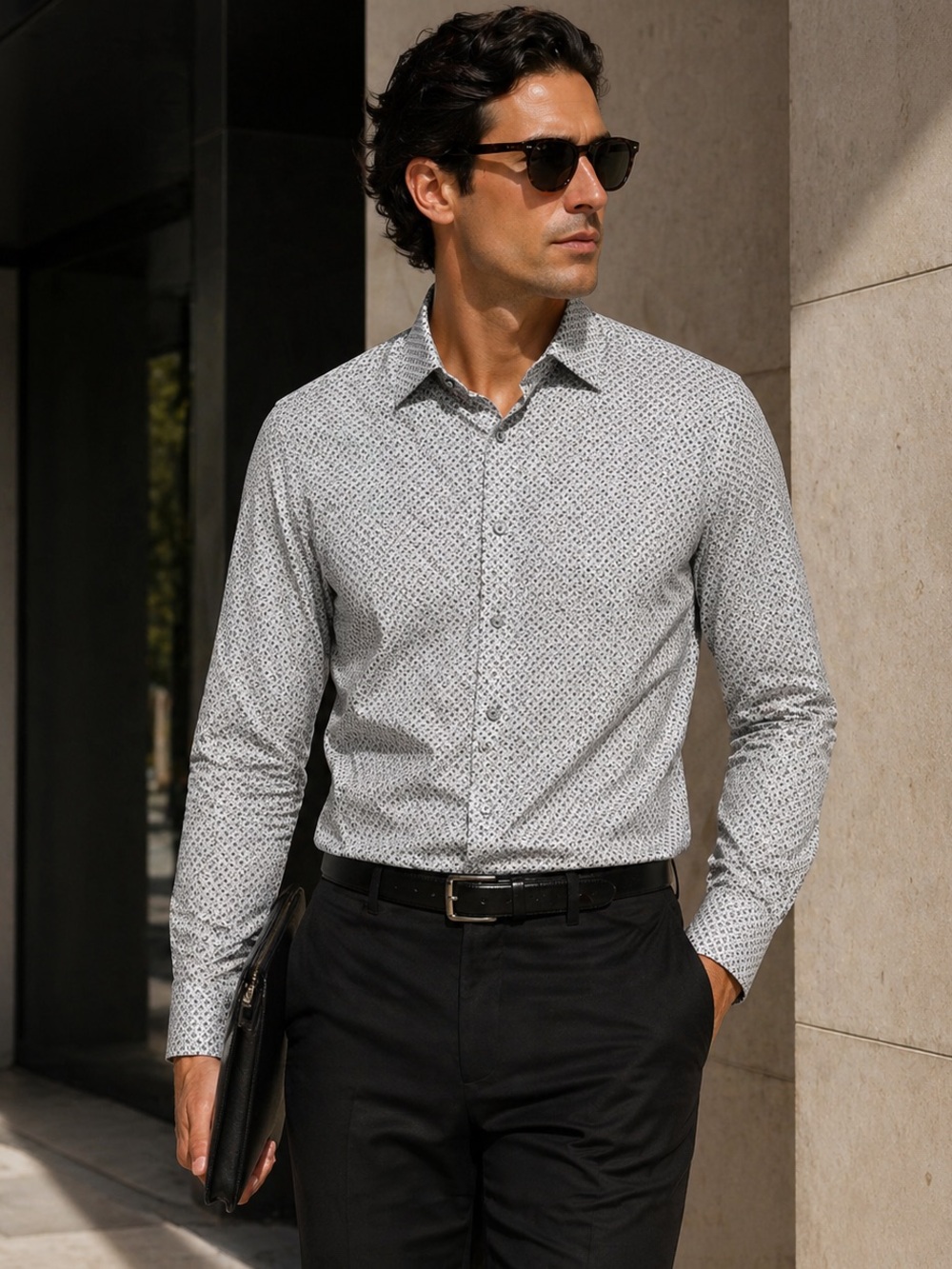 Bugatchi Men's White Printed Button Up Shirt Black  XL Stretch Luxury Career